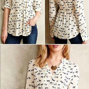 Anthropologie Maeve Horse Print Pin tuck Top sz8